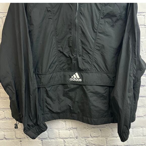 Adidas Black Windbreaker Hooded Half Zip Kangaroo Logo Pocket Medium Layers - Picture 3 of 8